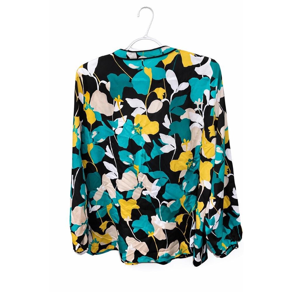 Calvin Klein Women’s Floral Flowy Modern Blouse Black Teal Yellow V-Neck Large - Picture 3 of 8